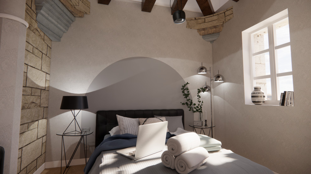 Пример оригинального дизайна: маленькая спальня в стиле кантри с серыми стенами, полом из терракотовой плитки, бежевым полом и балками на потолке без камина для на участке и в саду