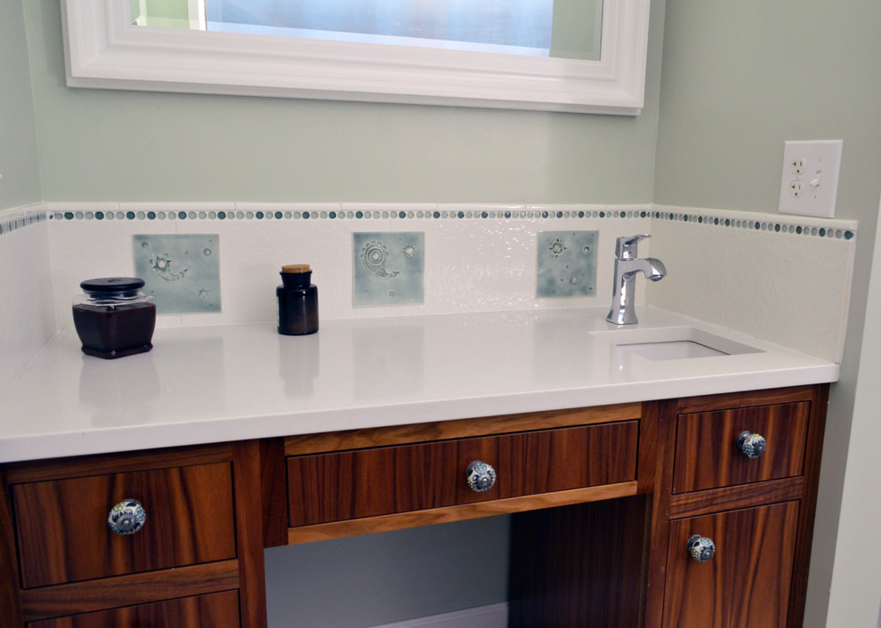 This is an example of a mid-sized transitional master bathroom in Seattle with flat-panel cabinets, medium wood cabinets, an open shower, white tile, ceramic tile, green walls, an undermount sink and engineered quartz benchtops.