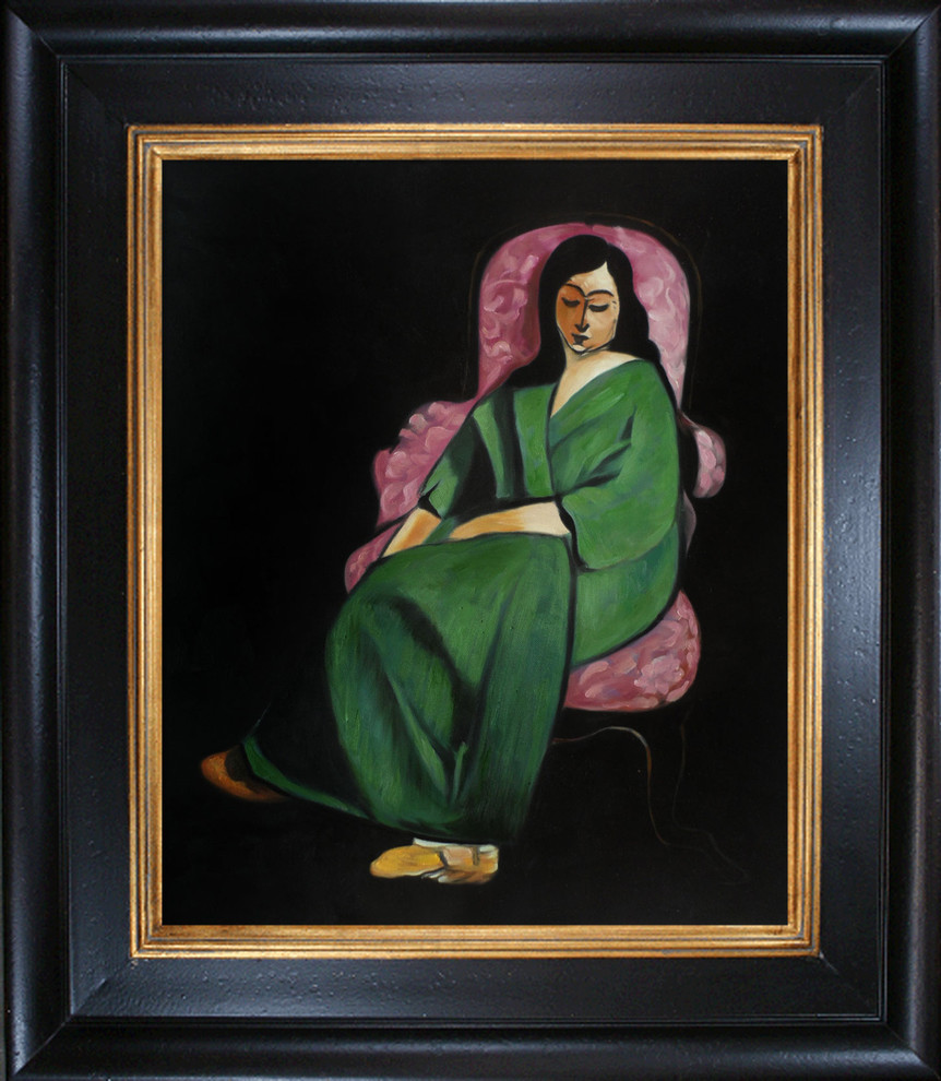 Lorette in a Green Robe against a Black Background