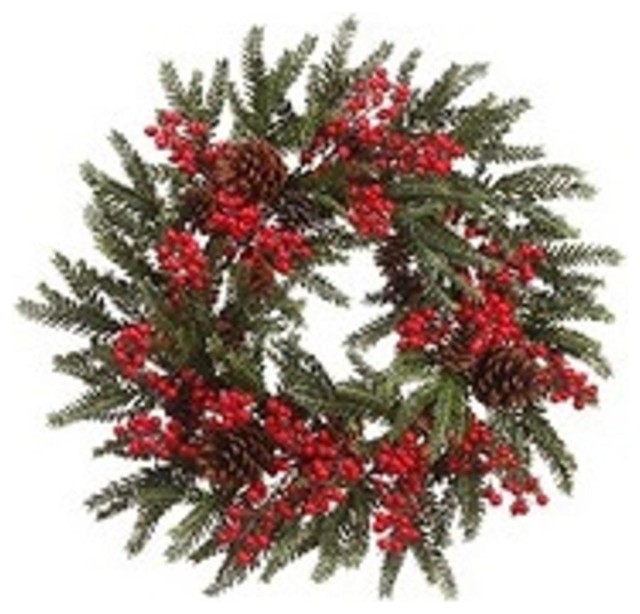 22" Red Berry and Pine Cone Artificial Christmas Wreath, Unlit Rustic