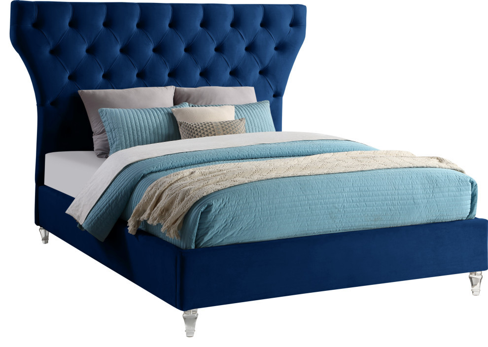 Kira Velvet Upholstered Bed, Navy, King