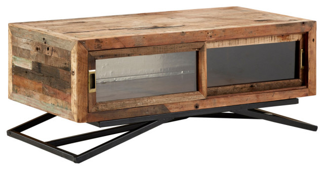 48" Rustic Reclaimed Wood Coffee Table with Storage & Glass Sliding Doors -  Industrial - Coffee Tables - by Sideboards and Things | Houzz