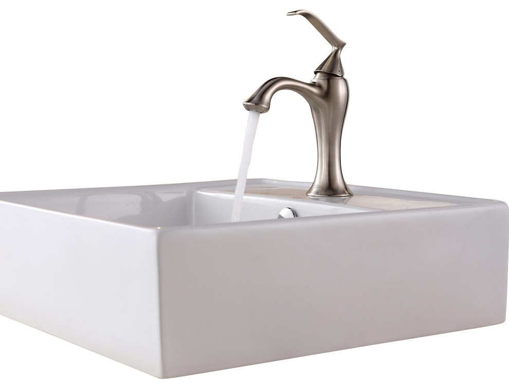 Kraus C-KCV-150-15001BN White Square Ceramic Sink and Ventus Basin Faucet