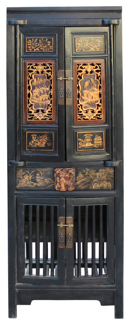 Chinese Black Golden Carving Narrow Wood Storage Wardrobe Hutch