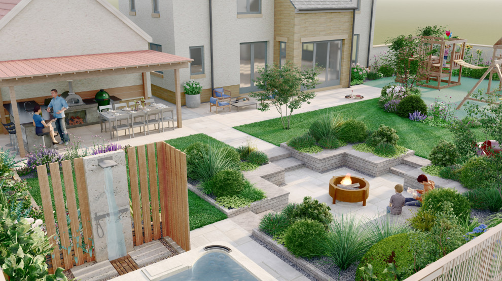 На фото: большой солнечный, летний регулярный сад на заднем дворе в современном стиле с с перголой, хорошей освещенностью, покрытием из каменной брусчатки и с деревянным забором с