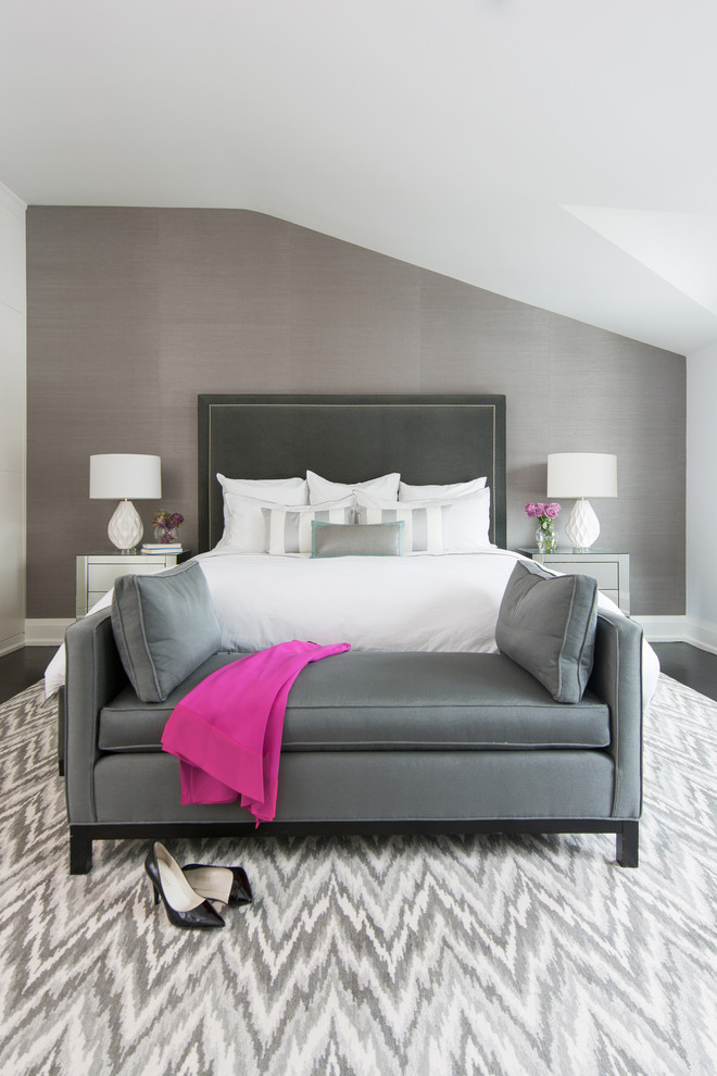 Inspiration for a mid-sized contemporary master bedroom in Toronto with grey walls and dark hardwood floors.