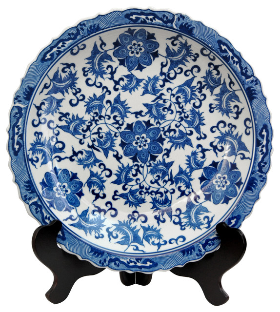 14" Floral Blue and White Porcelain Plate - Asian - Decorative Plates ...
