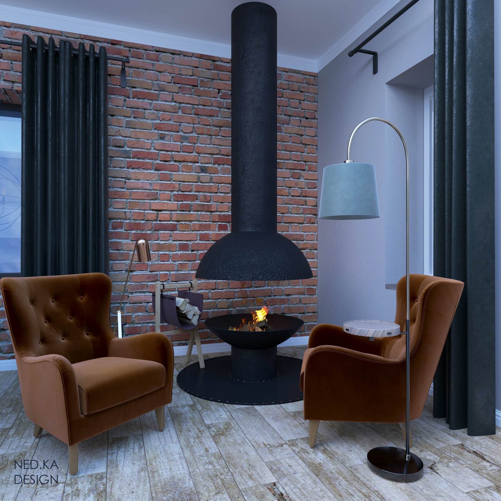 Дизайн загородного дома . Гостиная/кухня/столовая зона/каминная зона.