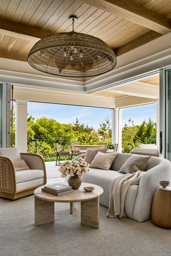 Family room - coastal shiplap ceiling family room idea in Philadelphia