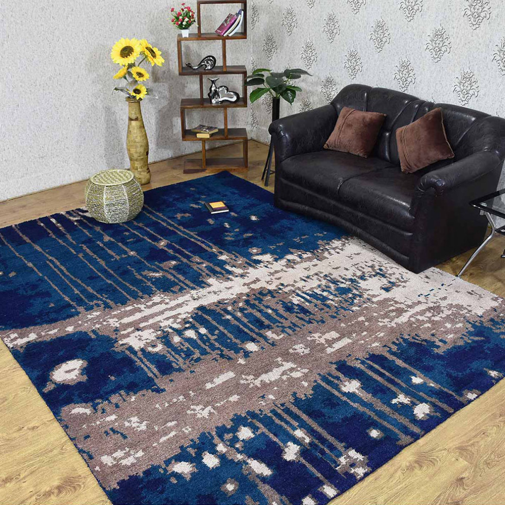 Hand Knotted Silk Area Rug Abstract Blue Beige, [Rectangle] 9'x12