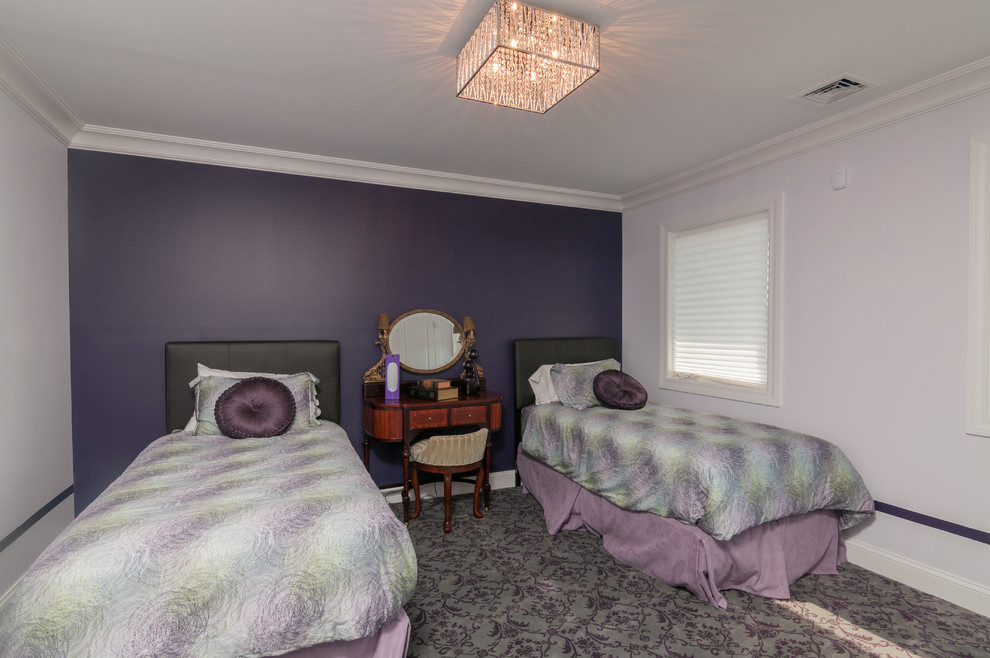 This is an example of a mid-sized transitional guest bedroom in New York with purple walls, carpet, no fireplace and multi-coloured floor.
