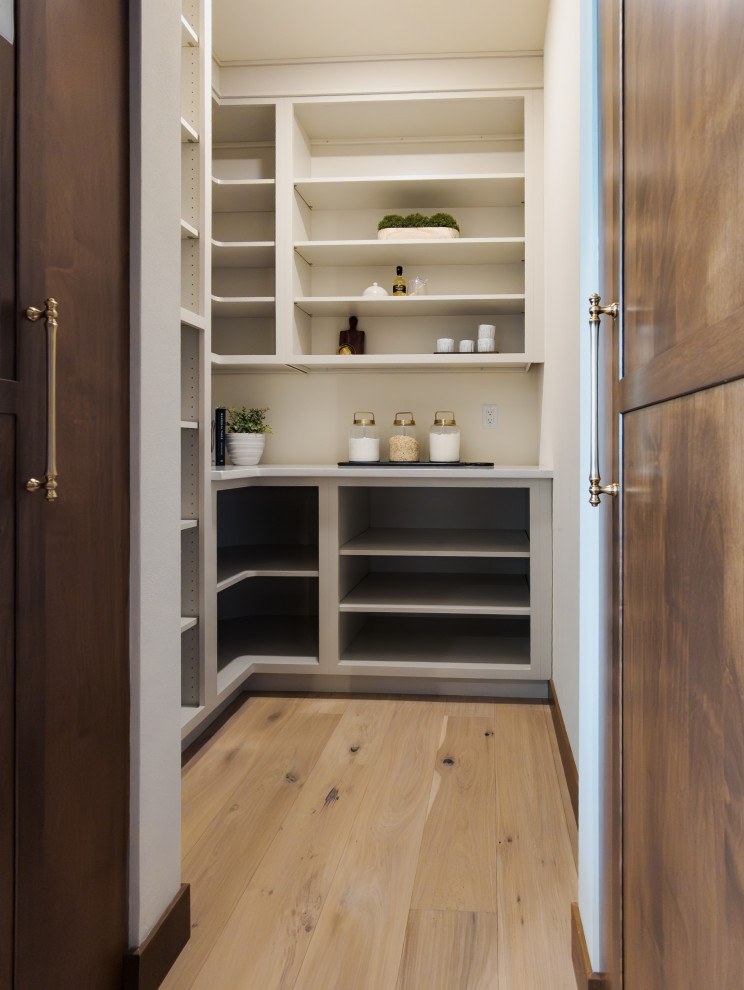 Kitchen pantry - transitional l-shaped light wood floor and beige floor kitchen pantry idea with open cabinets, white cabinets, quartz countertops and white countertops
