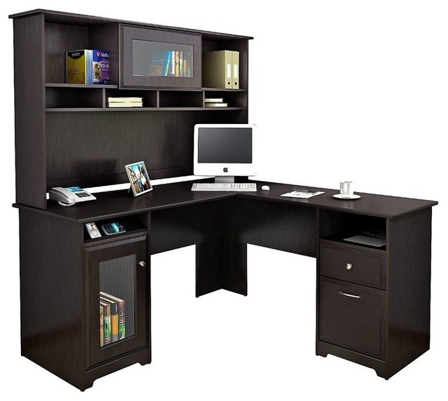 Cabot L Shaped Desk with Hutch in Espresso Oak Engineered Wood