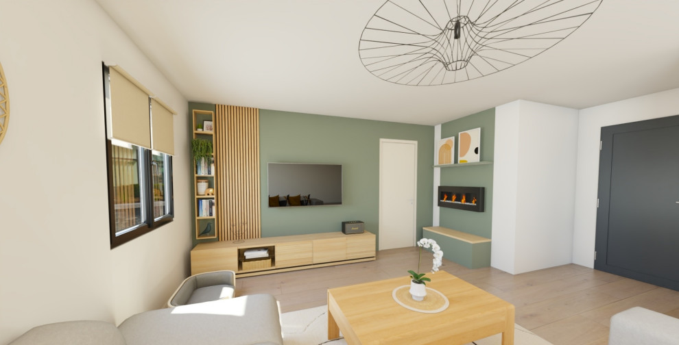 На фото: гостиная комната среднего размера с зелеными стенами, подвесным камином, телевизором на стене и деревянными стенами с