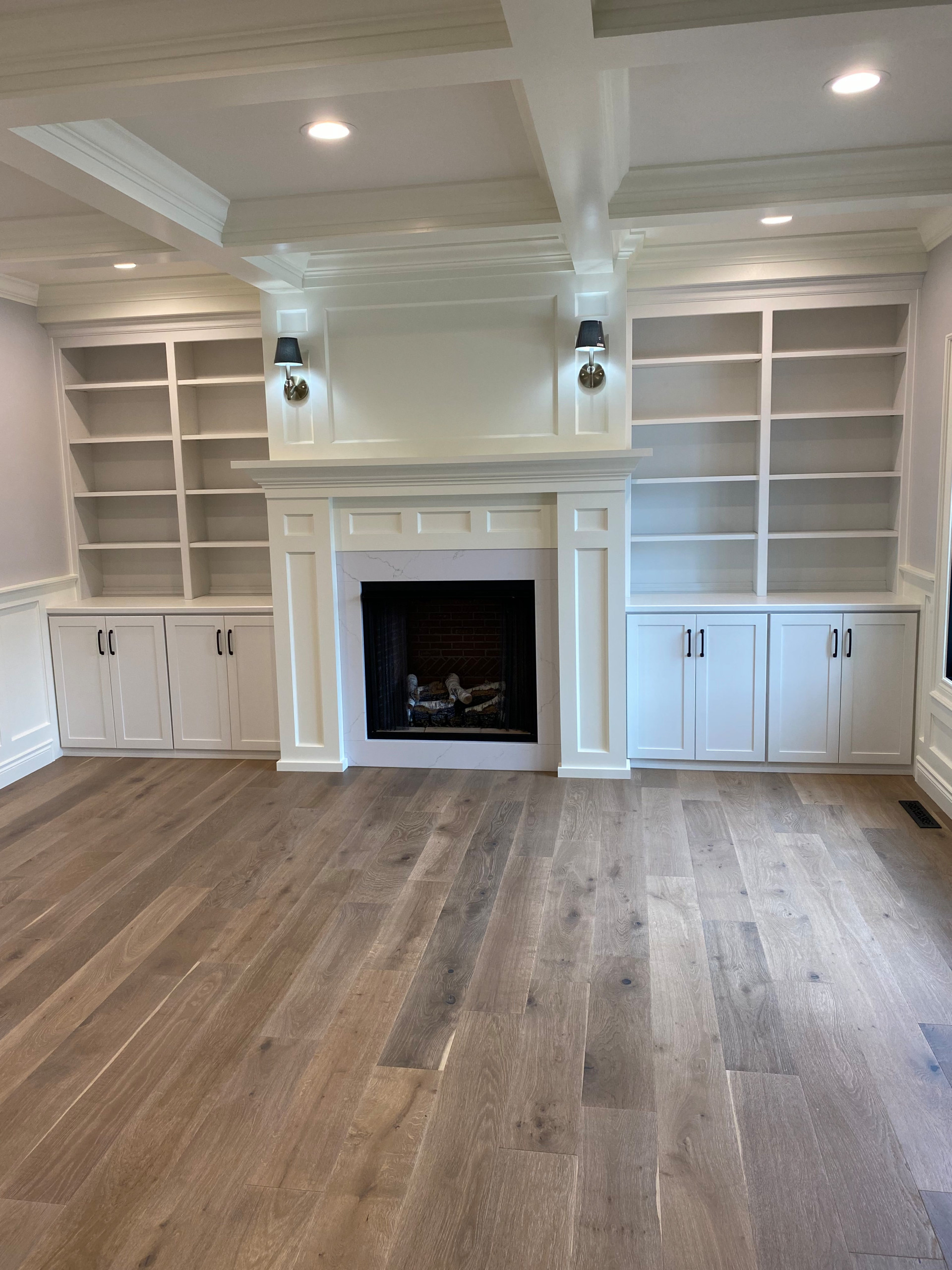 Home office with gas log fireplace, painted custom built-ins, painted custom fir