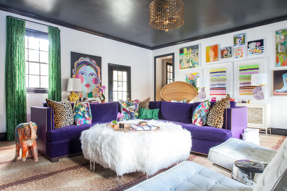 Inspiration for an eclectic enclosed living room in Charlotte with white walls.