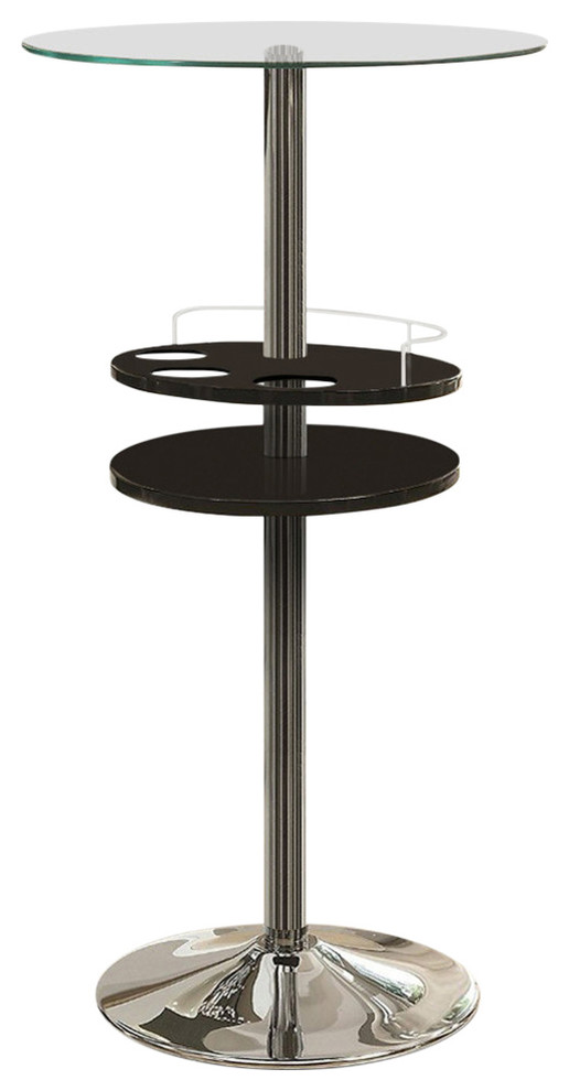 Bowery Hill 24" Round Glass Top Pub Table, Glossy Black/Chrome