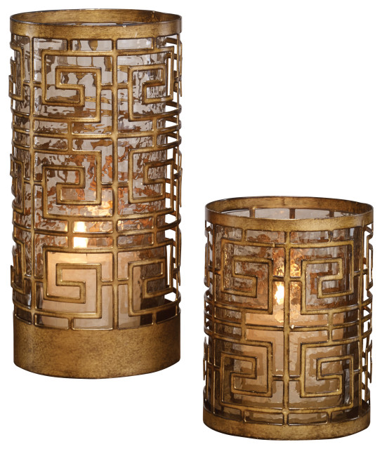 Open Gold Greek Key Fretwork Candle Holders 2-Piece Set, Copper Bronze  Hurricane - Transitional - Candleholders - by My Swanky Home | Houzz