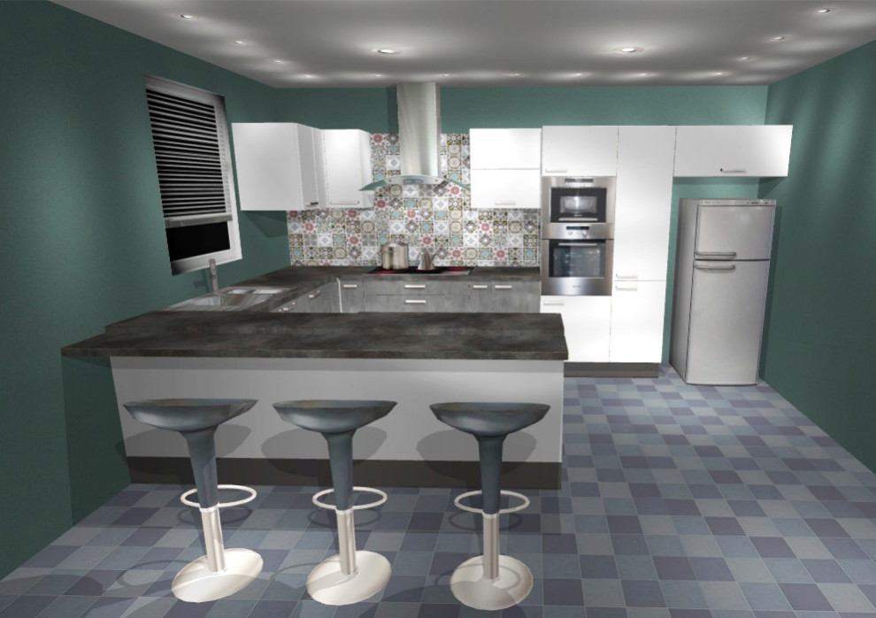Mid-sized minimalist u-shaped cement tile floor, white floor and exposed beam open concept kitchen photo with a double-bowl sink, flat-panel cabinets, white cabinets, granite countertops, white backsplash, ceramic backsplash, black appliances, an island and gray countertops
