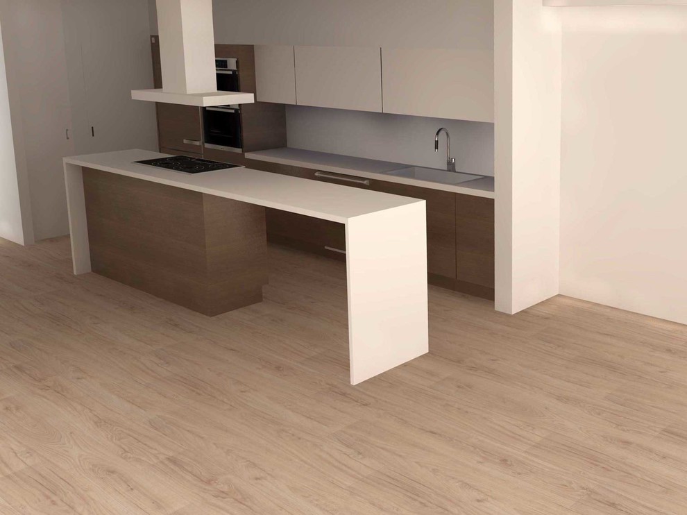 Design ideas for a mid-sized transitional galley open plan kitchen in Vancouver with an undermount sink, flat-panel cabinets, white cabinets, solid surface benchtops, grey splashback, dark hardwood floors, with island and brown floor.