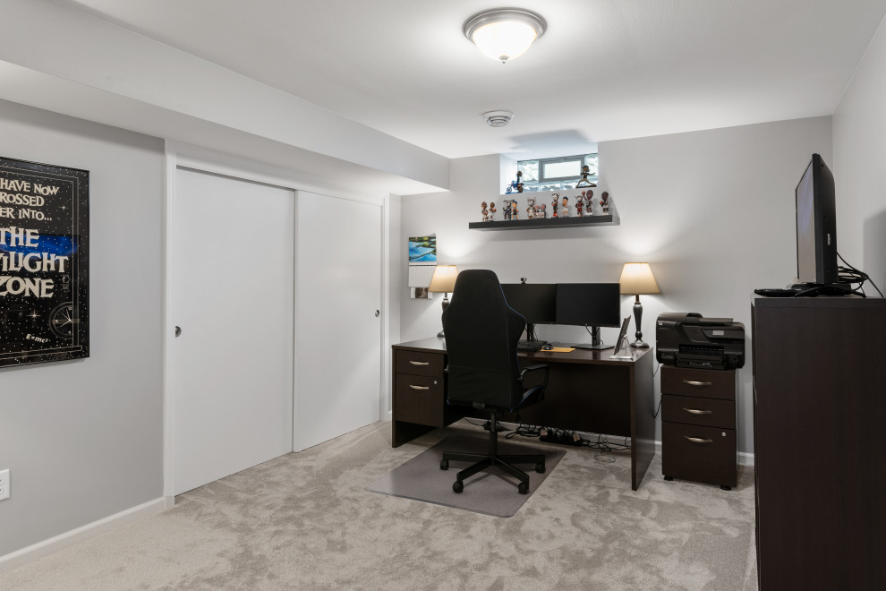Basement - mid-sized transitional underground carpeted basement idea in Milwaukee