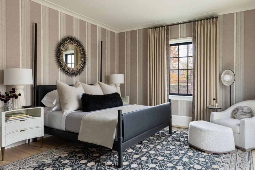 Burling - Example of a transitional light wood floor, beige floor and wallpaper bedroom design in Chicago with beige walls
