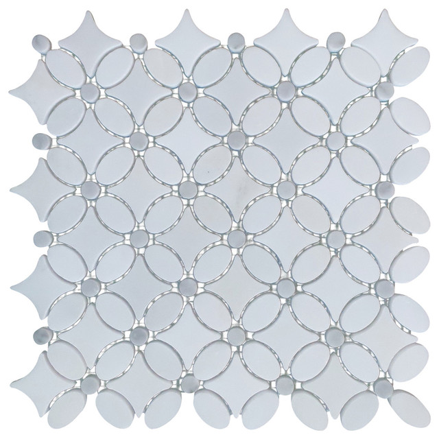 Italian Carrara White Marble Polished and Floral Design Mosaic Tile, White,  Samp
