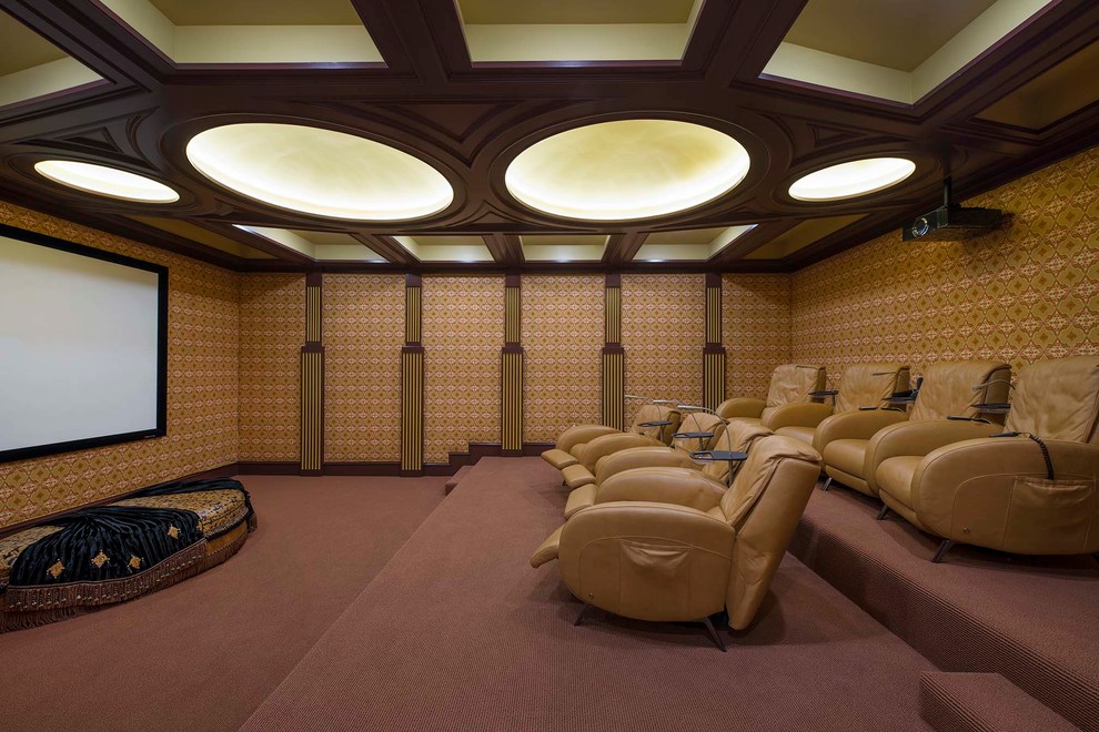 Design ideas for a traditional enclosed home theatre in Dallas with multi-coloured walls, carpet and a projector screen.