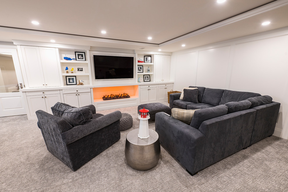 This is an example of a mid-sized modern look-out basement in Other with white walls, carpet and grey floor.