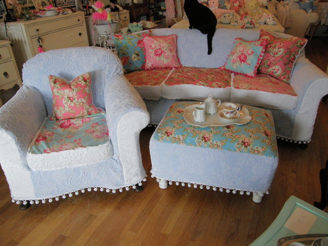Shabby Chic Sofa Chair Ottoman Slipcovered Chenille Bedspreads