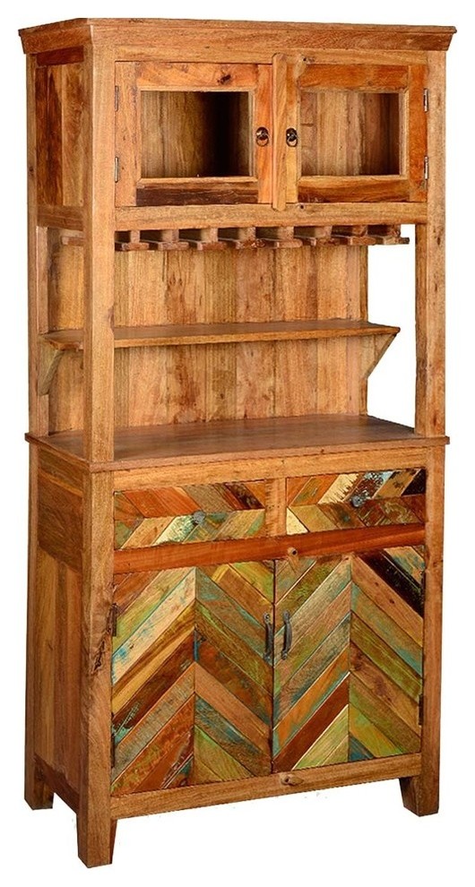 Solid Reclaimed Wood Tall Bar Hutch With Glass Stem Rack
