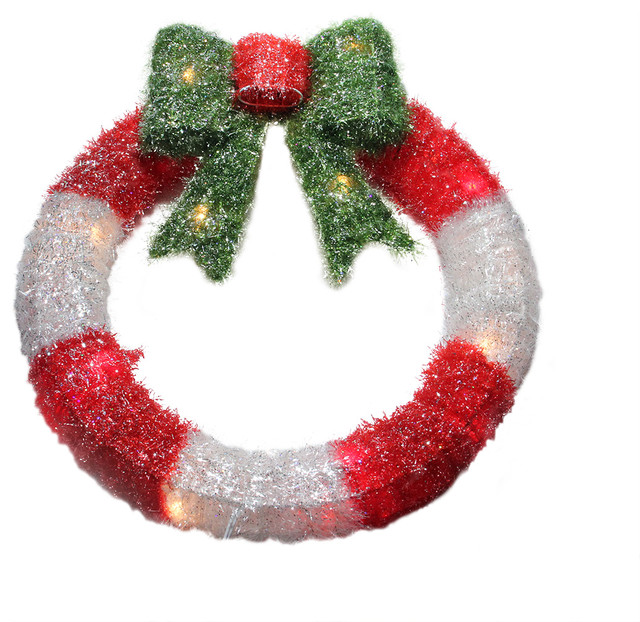 Lighted Tinsel Wreath With Bow Christmas Window Decoration, Red and ...