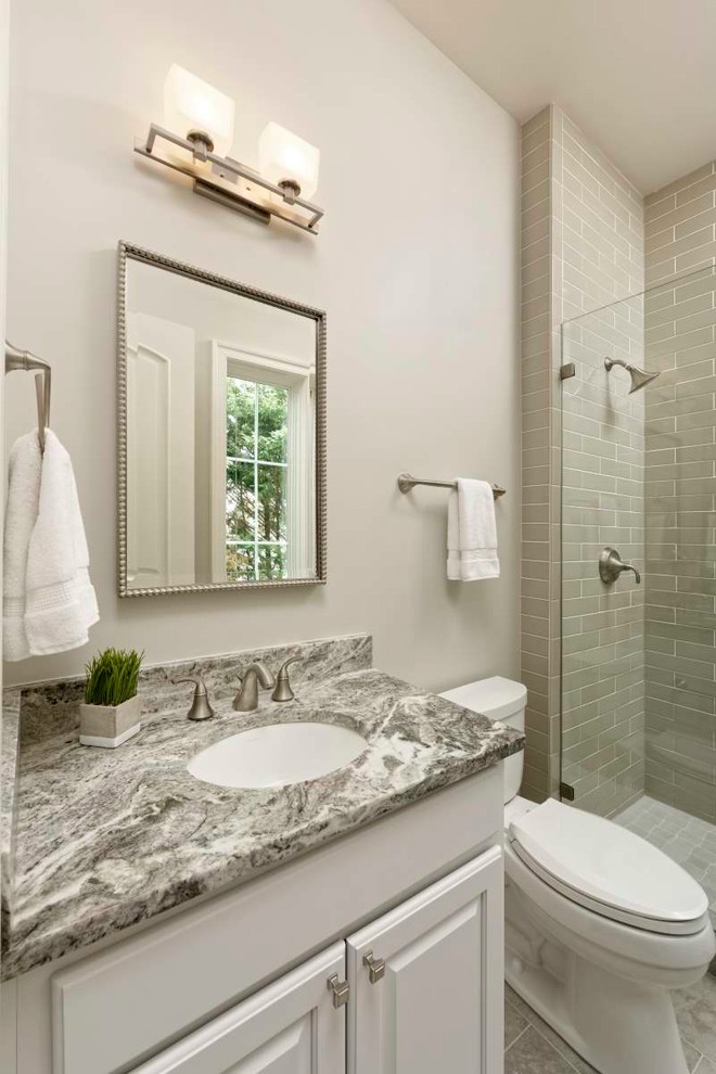 Inspiration for a traditional bathroom in DC Metro with raised-panel cabinets and white cabinets.