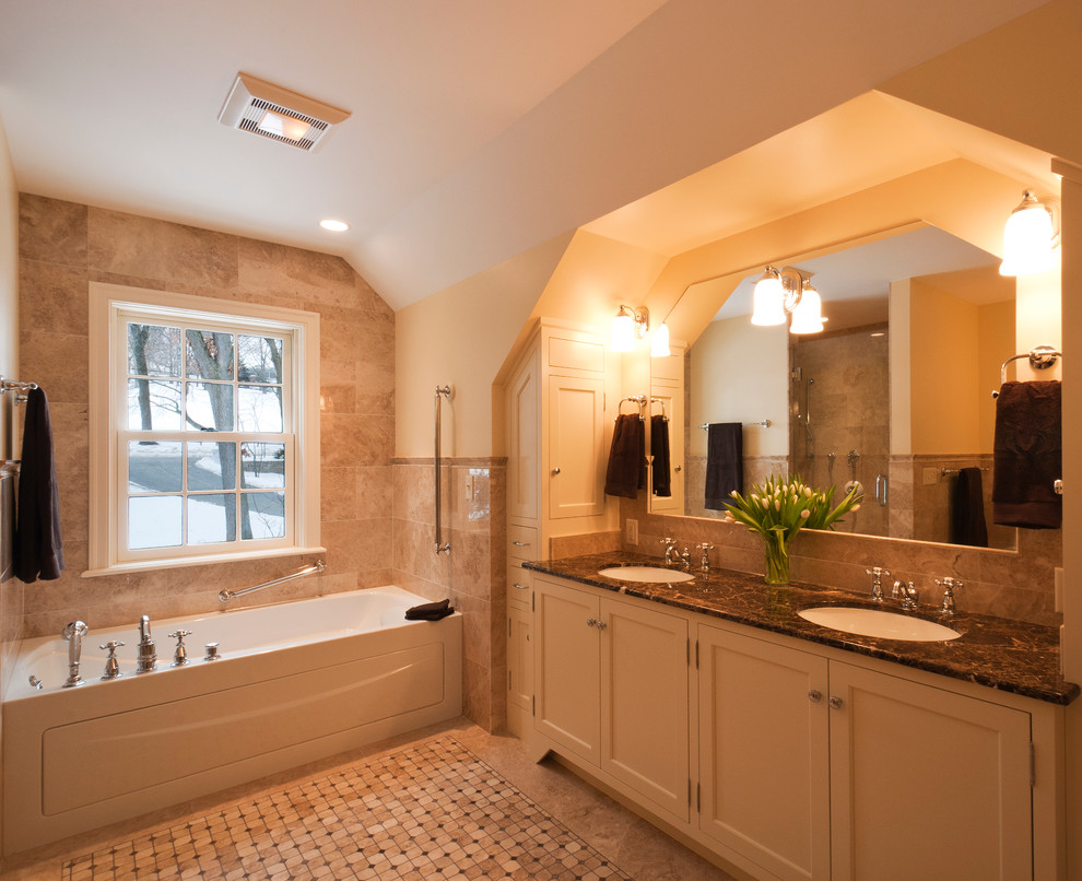 Mid-sized traditional master bathroom in Other with shaker cabinets, beige cabinets, an alcove tub, multi-coloured tile, ceramic tile, beige walls, ceramic floors, an undermount sink, engineered quartz benchtops and a double vanity.