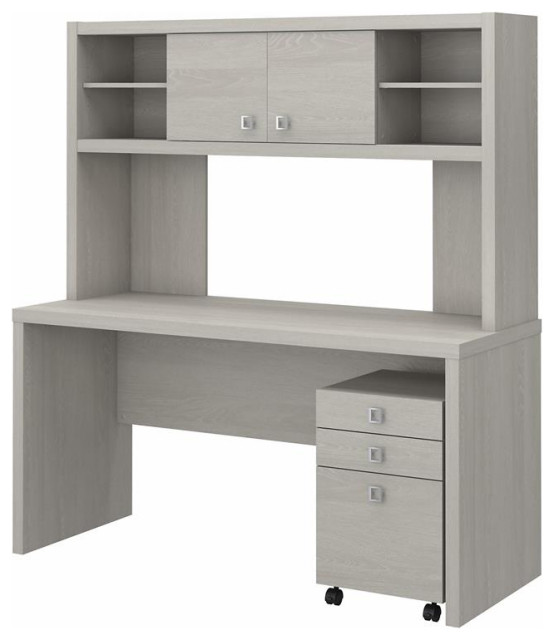 Echo Credenza Desk with Hutch and Drawers in Gray Sand Engineered Wood Transitional Desks