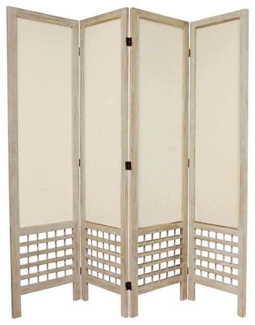 5 1/2' Tall Open Lattice Fabric Room Divider, 4 Panels Farmhouse