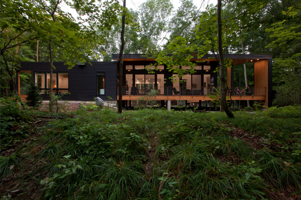 Источник вдохновения для домашнего уюта: одноэтажный, черный частный загородный дом среднего размера в стиле ретро с облицовкой из металла, плоской крышей, черной крышей и отделкой планкеном
