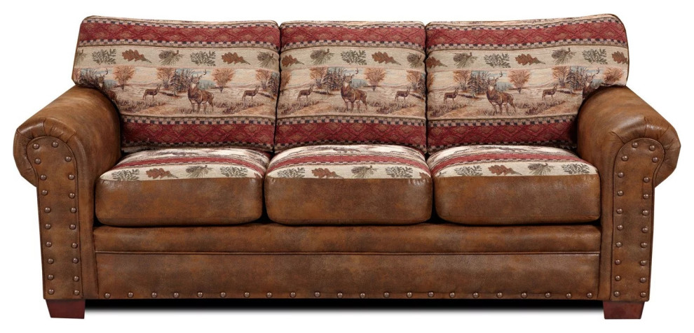 Farmhouse Sleeper Sofa, Deer Valley Motif Leather Look Microfiber Upholstery
