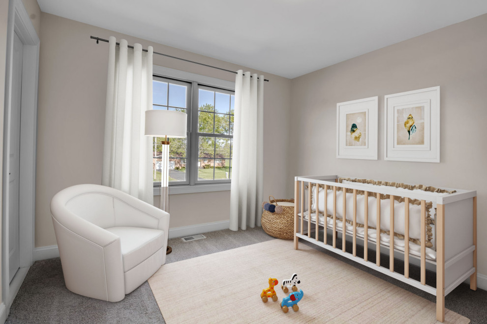 Réalisation d'une chambre de bébé neutre design avec un mur beige, moquette et un sol beige.