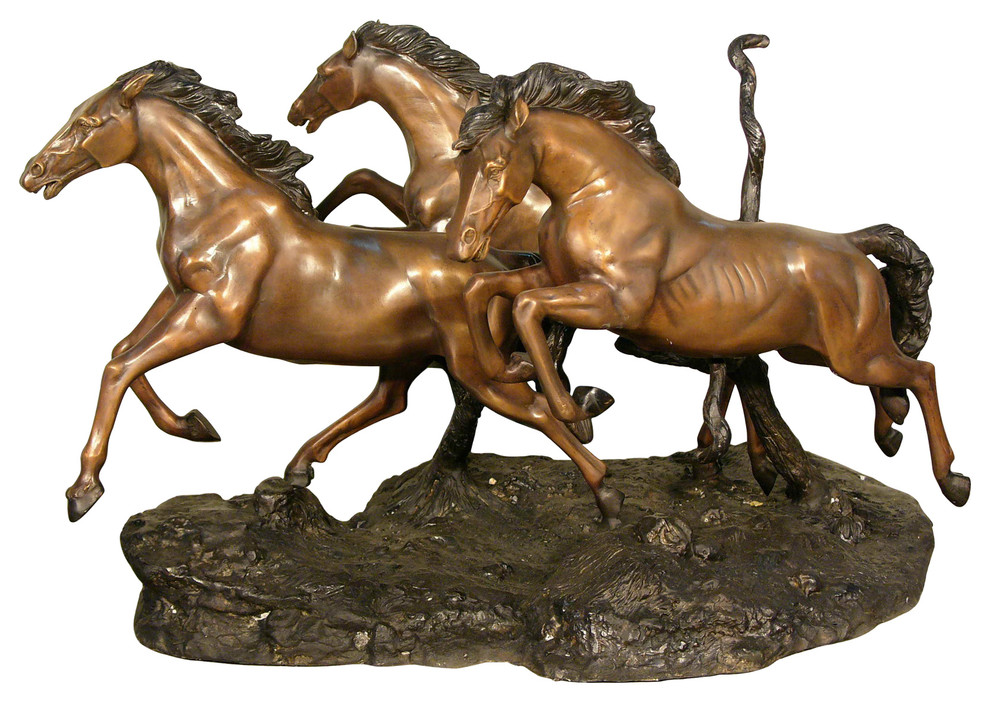 Three Horses Running Bronze Sculpture Traditional Decorative