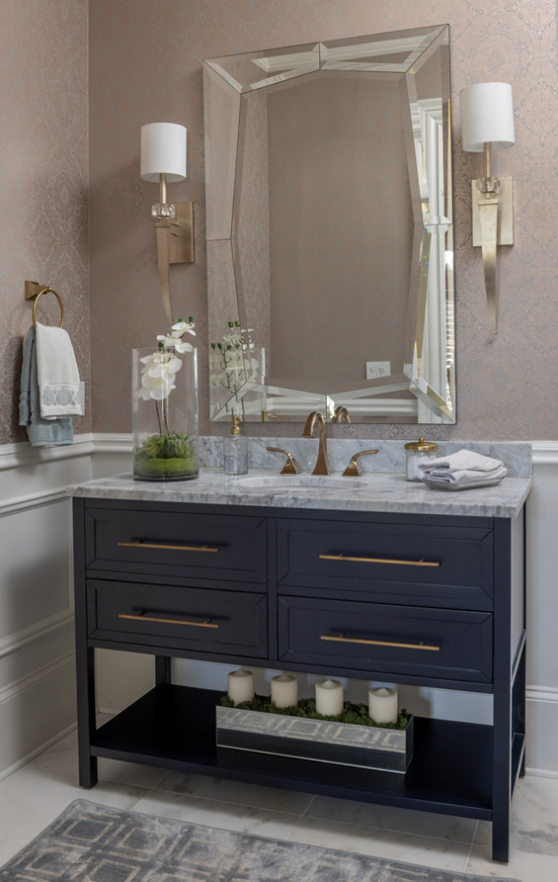 Design ideas for a medium sized contemporary cloakroom in Atlanta with shaker cabinets, blue cabinets, a one-piece toilet, marble flooring, a submerged sink, granite worktops, white floors and a freestanding vanity unit.