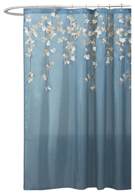 Flower Drops Federal Blue White Shower, Lush Decor Ruffle Flower Shower Curtain