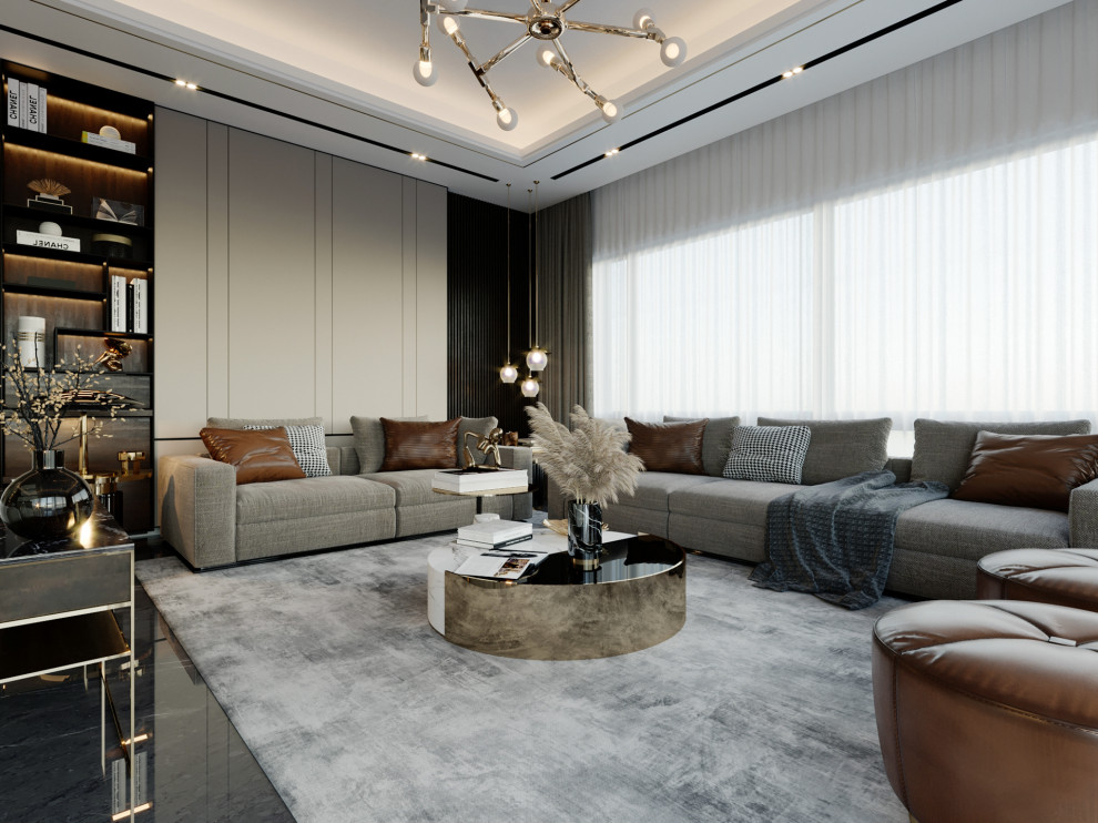 Immagine di un grande soggiorno minimal chiuso con sala formale, pavimento in marmo e pavimento nero