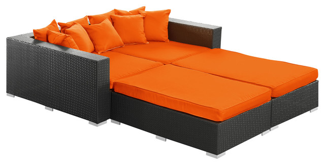 Palisades Outdoor Wicker Patio Daybed 4-Piece Set, Espresso With Orange Cushions