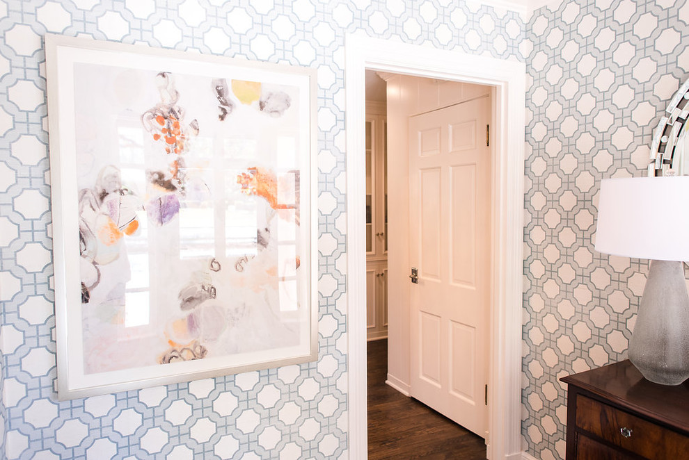 Single front door - mid-sized transitional medium tone wood floor and brown floor single front door idea in Austin with white walls and a white front door
