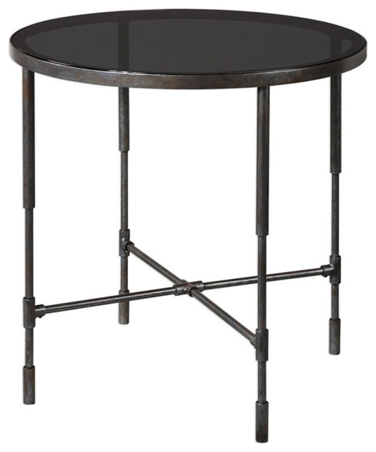 Bowery Hill 25" Round Glass Top Accent End Table in Aged Steel Side