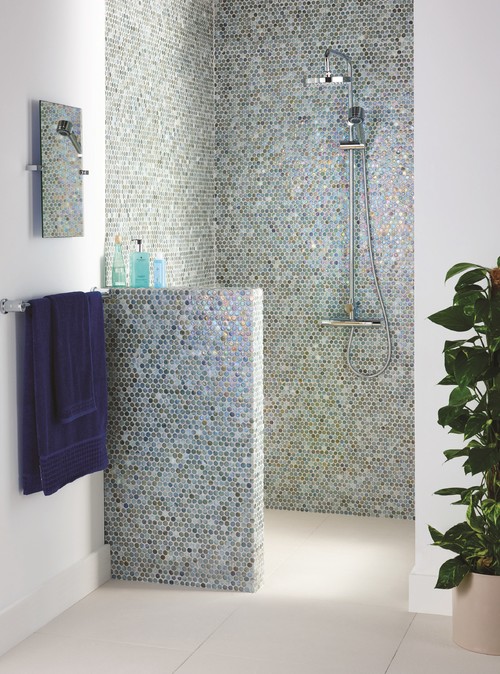 Glass Penny Shower Tiles with Chrome Fixtures