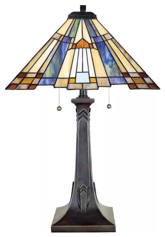 2-Light Tiffany Table Lamp Linear Bronzed Base Geometric Art Glass Panel Shade