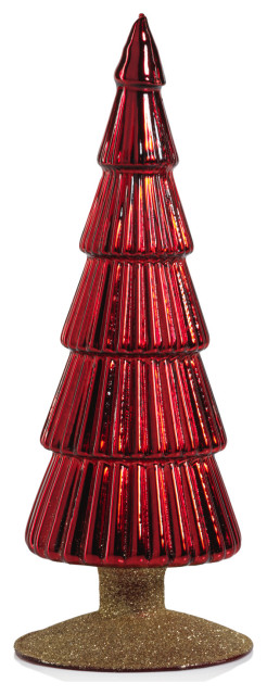 Dembe 9.5" Classic Red Glass Tree on Gold Glitter Base, Set of 2