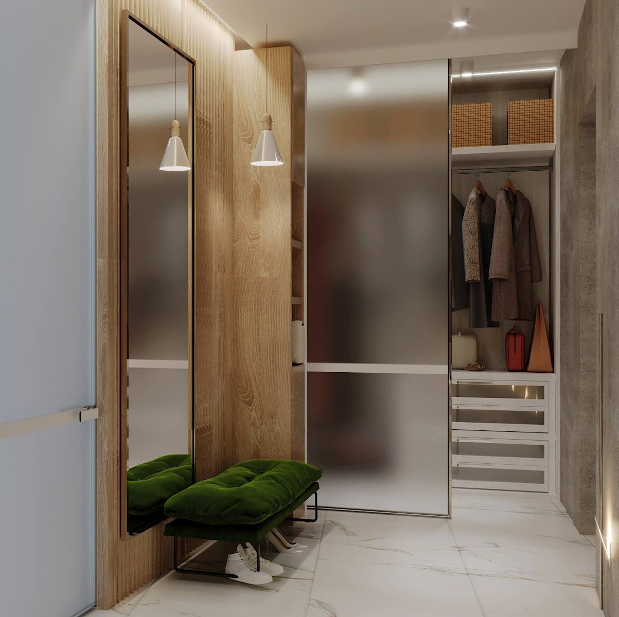 Светлые,минималистичные с сочными зелеными акцентами интерьеры